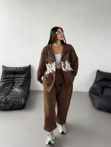 POPSWAY Bộ đồ thể thao in họa tiết và quần nỉ, bộ đồ thể thao dệt kim cỡ lớn cho mùa thu/đông - màu nâu - Xem 3