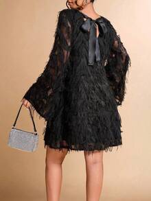 Elenzga Women's Elegant Backless Bowknot Tassel Chiffon Party Dress - Black - View 5