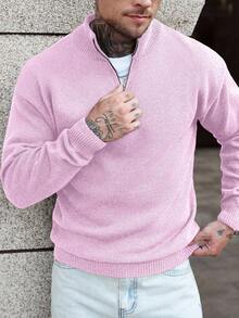 Manfinity CasualCool Men's Solid Color Minimalist Everyday Quarter Zip Long Sleeve - Baby Pink - View 6