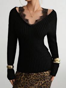 Aidyla Women's Lace Strap V-Neck Sweater, Long Sleeve Top Lacey Top Black Top Black Sweater - Black - View 6