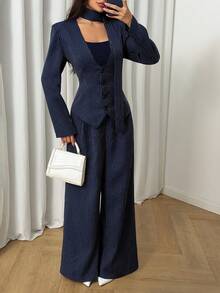 Modelyn Women's Elegant Blue Long Sleeve Padded Shoulder V-Neck Cinched Waist A-Line Cardigan And Straight Leg Pants, Autumn - Blue - View 4