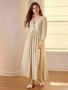 MOTF PREMIUM BỘ ĐẦM CAMI REN TƯƠI TƯƠNG PHẢN & ÁO NGỦ TAY LỒNG - Màu vàng - Xem 6