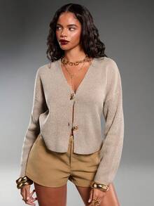 New Simple And Fashionable Office Commuting Deep V Neck Long Sleeve Slim Button Cardigan, Versatile Casual Knitted Sweater In Fall/Winter - Khaki - View 7