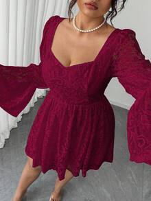 Elenzga 大码女式蕾丝方领长袖短款聚会/约会连衣裙 - 酒紅色 - 查看 7