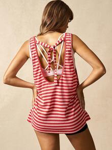VARSIVA Red And White Striped Casual Sleeveless Backless Round Neck Sports Vest, With A Bow Tie At The Back, Suitable For Yoga, Sports, And Vacation Wear, Perfect For Spring And Summer. - Multicolor - View 2