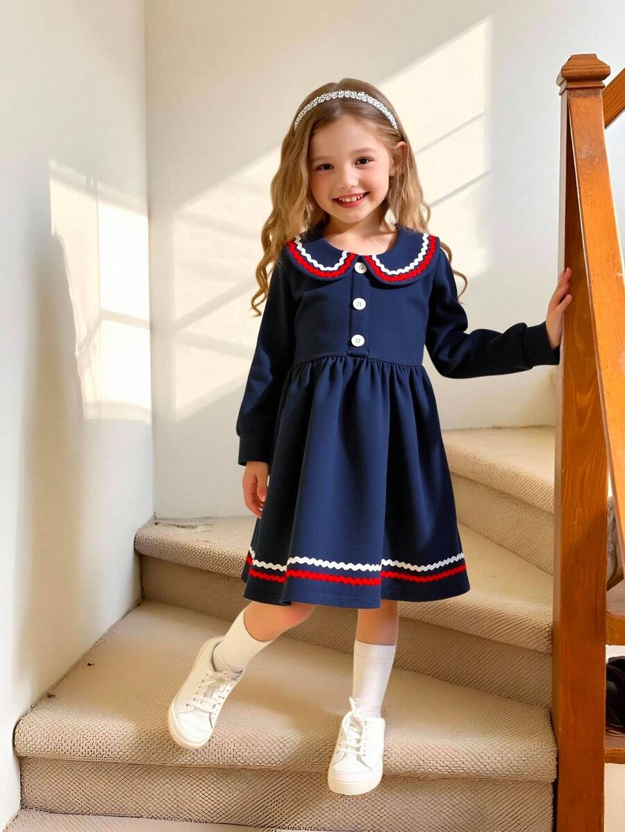 Elladie kids 1pc Girls' Casual Collared Embroidered Colorblock Knit Dress - Navy Blue - View 1