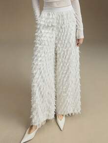 Ontre 2025 Winter Women's Trousers, Party, New Year, White, Textured Fabric, Loose Fit, Minimalist Elegant, Autumn/Winter Apparel, Holiday Party, Women's Bottoms, Holiday, Women's Office Wear, Workwear, Halloween, Christmas, Casual, Versatile, Urban Chic, Guest Attire, Back To School, Women's Pants, Elastic Waistband, Thanksgiving, Valentine's Day, Holiday, Fashionable & Versatile Women's Pants - White - View 2