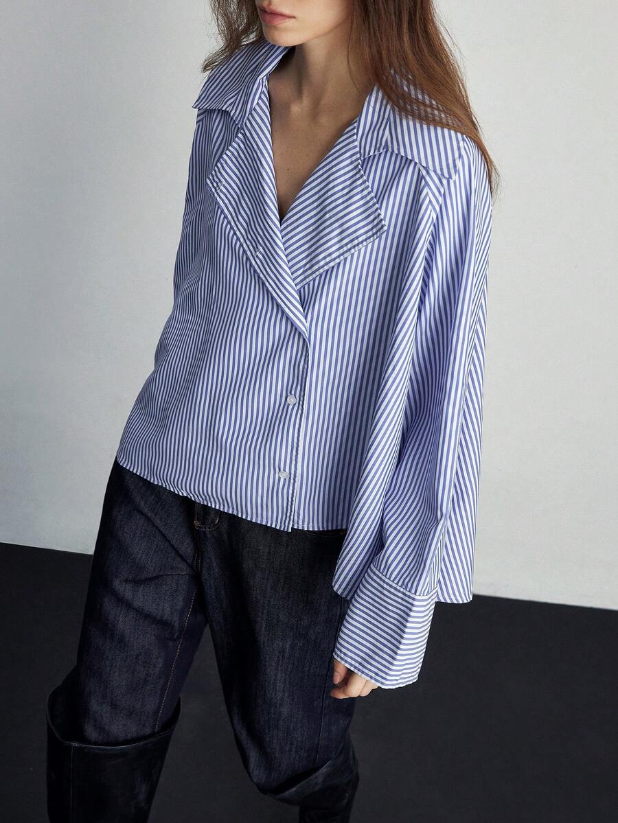 Aveloria Modichic 时尚设计感休闲宽松褶皱长袖条纹衬衫 - 彩色 - 查看 1