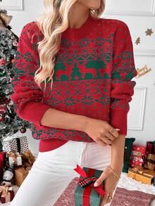 SHEIN LUNE Christmas Reindeer & Snowflake Pattern Dropped Shoulder Knit Sweater For New Year Clothes - Multicolor - View 3