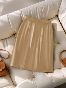 GlowEve Women's Fashionable Versatile Commuter Solid Color Front Button Skirt - Khaki - View 2