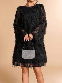 Elenzga Women's Elegant Backless Bowknot Tassel Chiffon Party Dress - Black - View 2