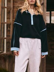 Medorelle 女士秋冬时尚短款半拉链撞色立领卫衣，宽松套头衫，女士越野骑行服，户外运动登山卫衣，新年户外，圣诞节户外。 - 黑色 - 查看 5