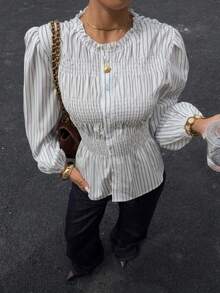 Siren Gaze Casual Striped Waist Cinched Design Long Sleeve Women Blouse, Striped Blouse, Lantern Sleeve Blouse, Women Blouses Elegant, Puff Sleeve Blouse, Elastic Shirt,Suitable For Commuting,Button-Down Shirt, Business Casual Woman Blouse, Casual Work Tops,Suitable For Work, Commute And Vacation, Spring/Autumn,French Style Holiday Resort - Black and White - View 3