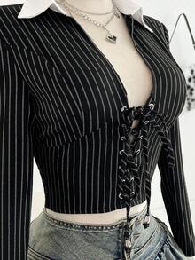 Elamini Women's Striped Tie-Up Long Sleeve Cropped Fashionable Fitted Patchwork Collar Shirt