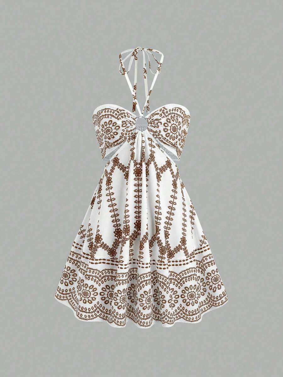 Sweetra 夏季休闲度假复古紧身露背系带镂空喇叭下摆蓝色印花迷你连衣裙（女款） - 咖啡 - 查看 1