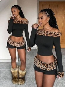 SHEIN Tall Bộ 2 áo thun tay dài hở vai phối vải lông xù và quần short rút dây lưng thấp họa tiết chắp vá thời trang dạo phố cho nữ, mùa thu - màu đen - Xem 1