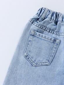 SHEIN ChillGRL Quần jeans bé gái, kiểu dáng thời trang, họa tiết bông tuyết, thêu hoa, cạp chun, ống đứng, màu xanh nhạt, đa năng, phù hợp cho mọi mùa, thích hợp mặc đi ăn trưa hoặc đi ăn tối. - Rửa nhẹ - Xem 7