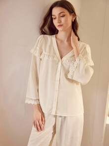 MOTF PREMIUM AUTUMN/WINTER CONTRAST LACE TEXTURED PAJAMA SET - Apricot - View 7