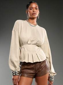 Normani Autumn/Winter New Cinched Waist Long Sleeve Shirt - Apricot - View 1