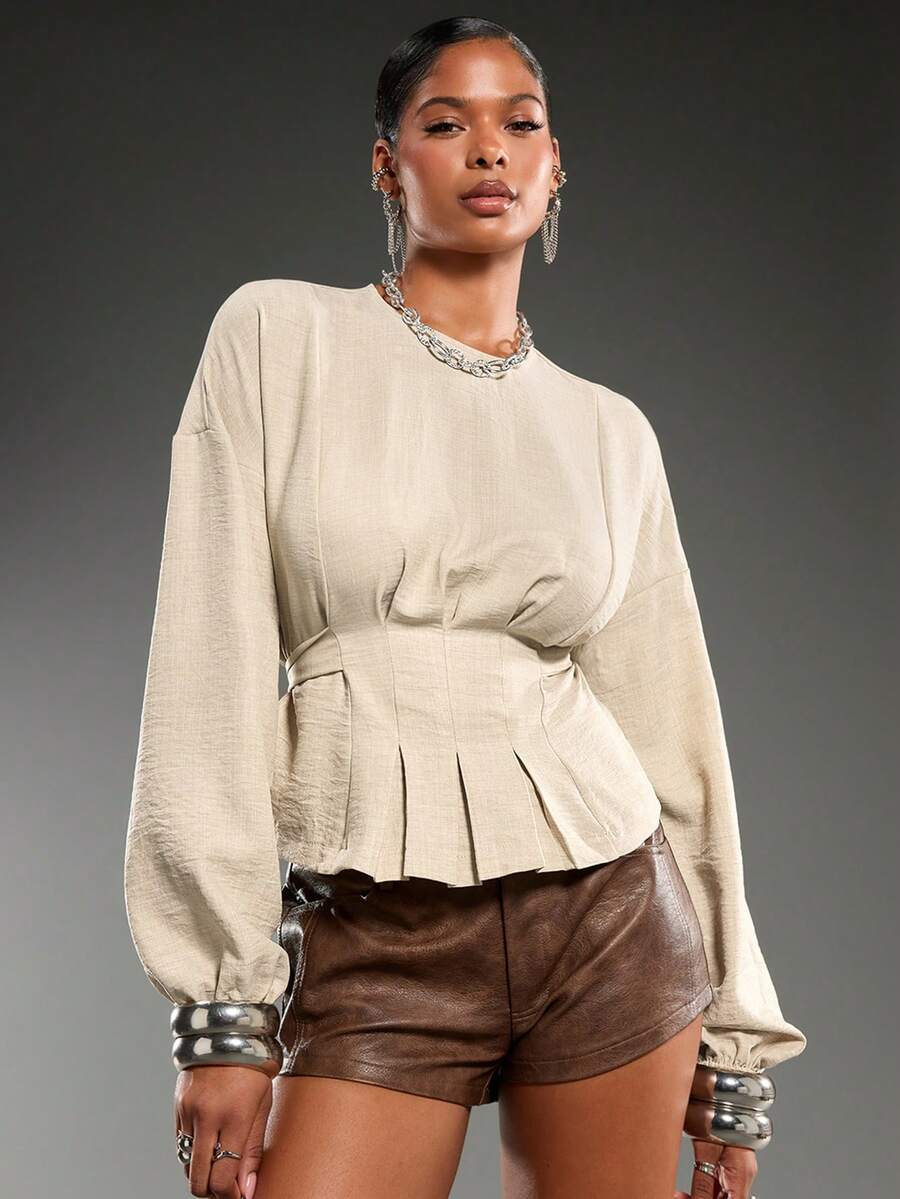 Normani Autumn/Winter New Cinched Waist Long Sleeve Shirt - Apricot - View 1