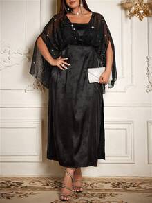 Flirla New Chinese Style Black Elegant Dinner Evening Formal Maxi Dress,Autumn Retro High Waist Patchwork V-Neck Short Sleeve Open Slit Cheongsam - Black - View 1