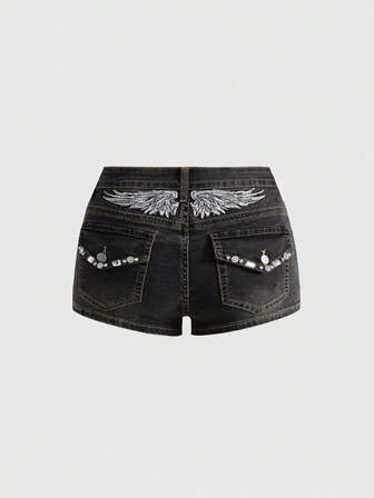 Grunge Punk Y2K Ultra Tief Sitzende Taille Bauchfrei Sexy Rückenfreie Flügel Stickerei Strass Dekor Super Kurze Jeans Shorts