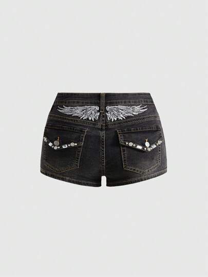 Grunge Punk Short en jean ultra court, taille basse sexy, dévoilant le ventre, dos nu, avec broderie d'ailes et décoration de strass
