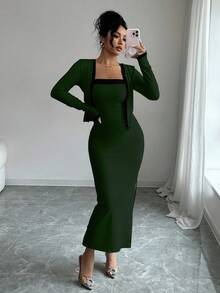 SHEIN Elenzya 两件套女士优雅撞色长袖开衫吊带裙套装，适合派对、家庭聚会、圣诞节、万圣节、情人节、新年、通勤和日常休闲穿着，秋冬季 - 墨綠色 - 查看 8