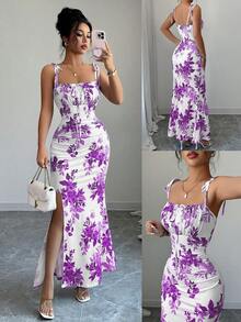 Elenzga New Arrival Women's Spaghetti Strap Tie Bow Waist Ruffle Hem Slit Design Dress, Versatile For Dates, Parties, Daily Wear, Flattering & Elegant - Purple - View 3