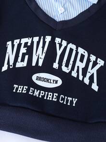 SHEIN ChillGRL 2pcs/Set Tween Girls Romweezy Loose Casual Splice Contrast Color 2 In 1 Collared Shirt Style V-Neck Cropped Sweatshirt Paired With Loose Casual Wide Leg Contrast Color Splice Pants Set, Suitable For Daily, Commute, Casual, Vacation, Gathering, Street Snap, Autumn/Winter - Navy Blue - View 5