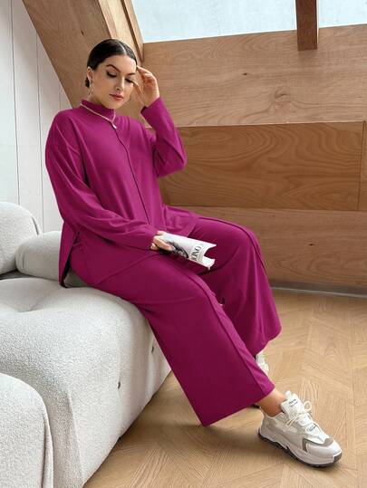 SHEIN Essnce Conjunto informal de 2 piezas de talla grande para mujer con blusa de manga larga con hombros caídos y pantalón de pierna ancha de unicolor