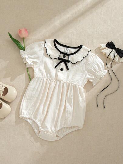 SHEIN Souflis Baby Girls' White Short Sleeve Bodysuit With Embroidered Collar, Cuffs And Bow Decor, Cute Casual Summer Outfit
