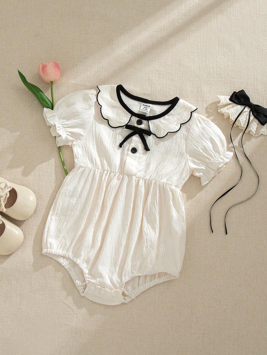SHEIN Souflis 女婴白色短袖连体衣，领口、袖口和蝴蝶结装饰，可爱休闲夏季装扮 - 白色 - 查看 1