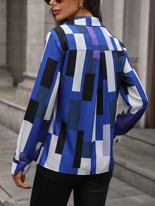 EMERY ROSE 女士几何印花长袖单排扣休闲衬衫，适合秋季穿着 - 藍色 - 查看 2