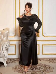 Cravure Robe de soirée élégante pour femme, en tissu de dentelle avec garniture de plumes aux poignets, design de taille cintrée, longueur maxi fluide, automne/hiver - Noir - Voir 1