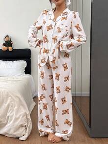 SHEIN Women's New Cartoon Bear Print Casual Long Sleeve Pajama Set, Autumn/Winter - White - View 3