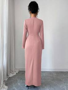 Elenzga Women's Solid Color Overlap V-Neck Long Sleeve Waist Ruched Metal Decor Elegant Dress - Dusty Pink - View 2