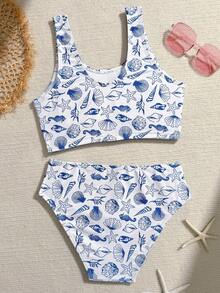 SHEIN 少女款Tankini泳衣，可爱针织面料，海洋生物印花，时尚优雅，休闲保守，适合夏季、游泳、海滩穿着。 - 彩色 - 查看 3