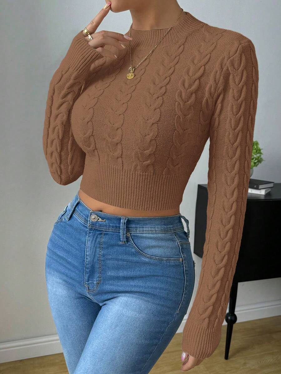 Zielony Women's Solid Color Fitted Twist Cable Crew Neck Casual Long Sleeve Pullover Sweater - Khaki - View 1