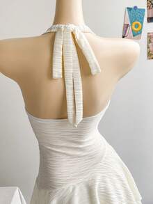 Soleia 度假风露背系带海星贝壳装饰荷叶边V领花卉金属扣白色针织纹理修身迷你连衣裙，适合圣诞节、约会之夜、夜店、波西米亚风、度假、秋季女装、复古、假日等场合。 - 白色 - 查看 6