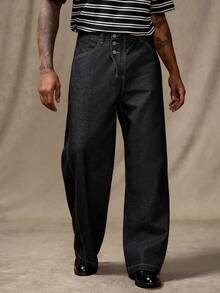 RivetRise Men's Casual Loose Fit Wide Leg Black Jeans ,Hang Out Commute Distressed Jeans For Minimalist - Black - View 5