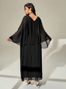 Auralis V-Neck Mesh Ruched Waist A-Line High Slit Sexy Dress, Suitable For Dates, Concerts, Banquets, Parties, Valentine's Day, Balls, Elastic Plus Size Black Elegant Maxi Dress With Long Sleeve Mesh Shawl/Elegant And Dignified Black Mesh Double-Layer Flowy Plus-Size Pleated Dress For Spring And Autumn / - Black - View 2