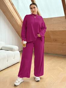 SHEIN Essnce Plus Size Women Solid Color Dropped Shoulder Long Sleeve Top And Wide Leg Pants Casual 2-Piece Set