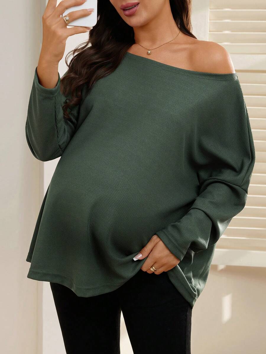 SHEIN Blusa de manga larga con cuello asimétrico, elegante y cómoda para embarazadas - Verde - Ver 1