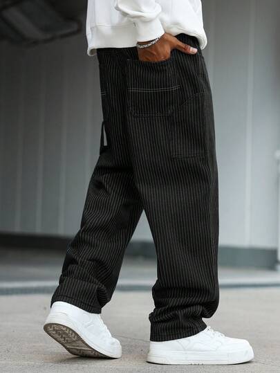 Manfinity Hypemode 男士休闲竖条纹多口袋黑色牛仔裤，街头时尚