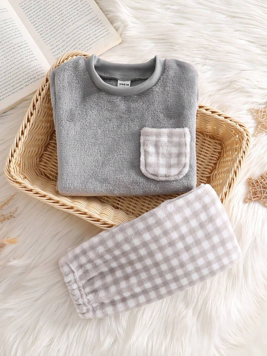 男婴灰色格子长袖睡衣套装