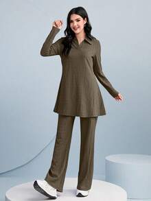 Graceveil Ladies' Solid Color Top And Wide Leg Pants Two Pieces Set 2 Pieces Set Modest - Brown - View 6