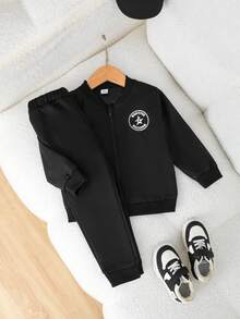 男童两件套外套套装，长袖拉链翻领外套+松紧裤脚休闲裤，简约百搭设计，适合秋冬季休闲、上学、通勤等场合。 - 黑色 - 查看 4