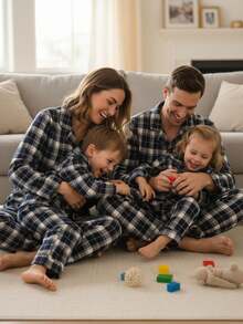 2pcs Young BoyClassic Plaid Shirt & Pants Set, Casual Homewear - Blue - View 3