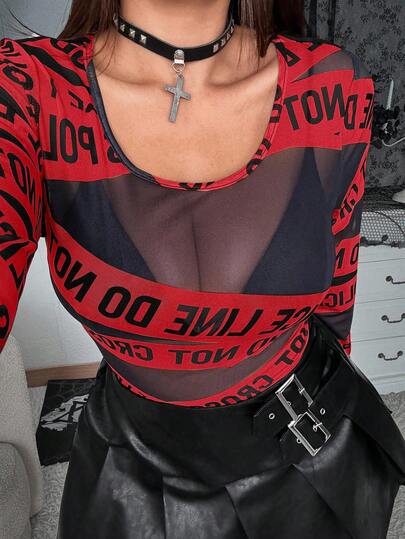 Whyspr Plus Size Asymmetrical Striped Sheer Punk T-Shirt